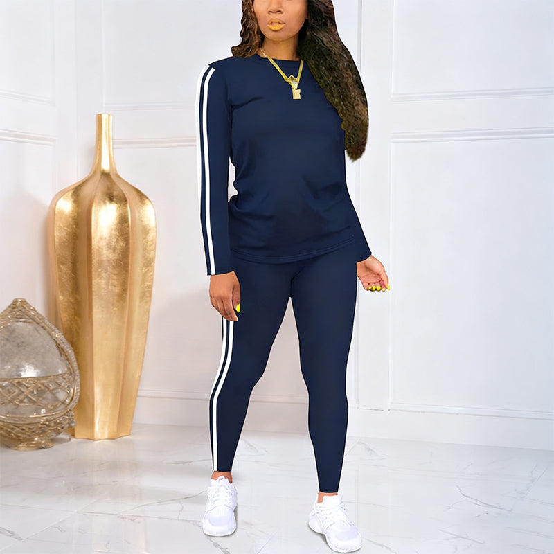 Women's casual two-piece tracksuit with double stripes