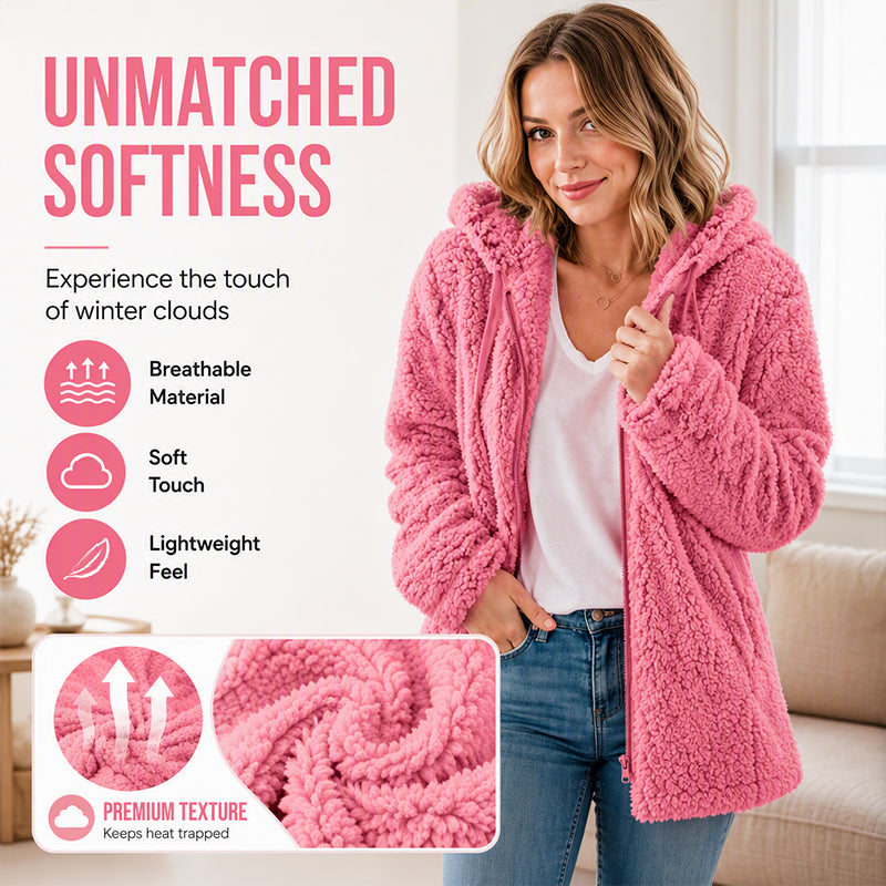 Ylva cozy fuzzy hooded zip jacket for women