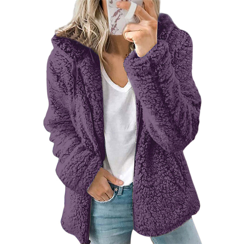 Ylva cozy fuzzy hooded zip jacket for women