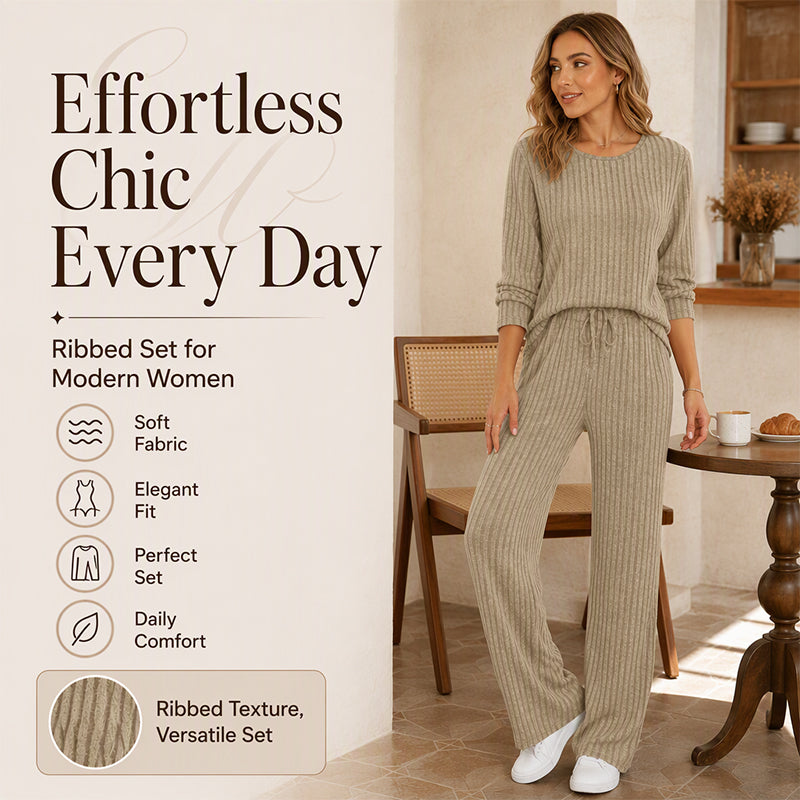 Hedda ribbed knit top and straight pants set for women - view 1