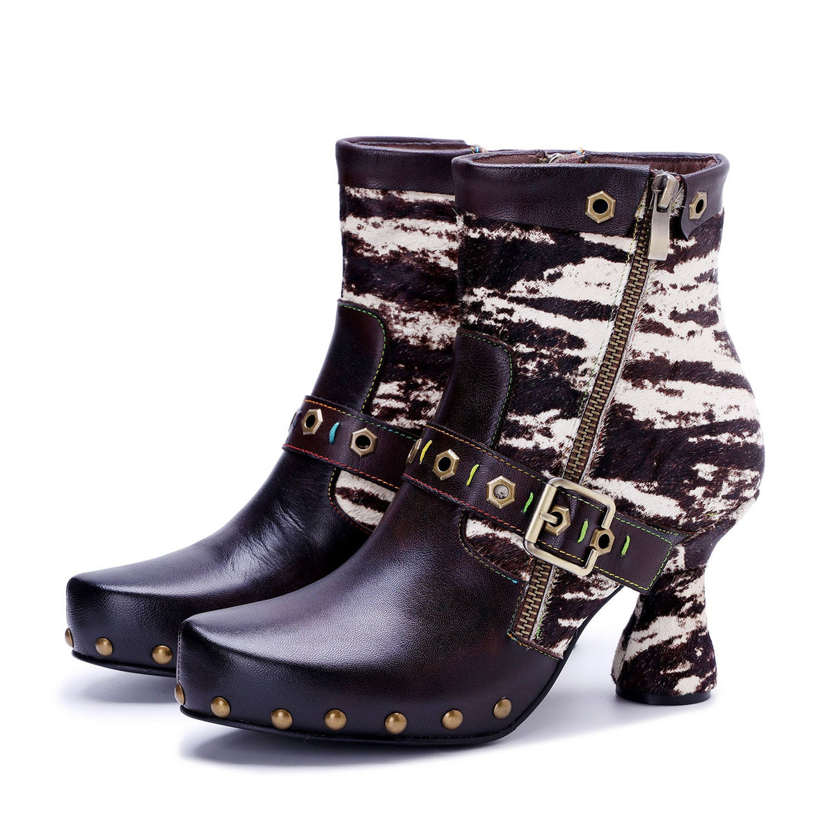 Retro Handmade Fur & Leather Patchwork Buckle Ankle Boots
