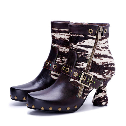 Retro Handmade Fur & Leather Patchwork Buckle Ankle Boots